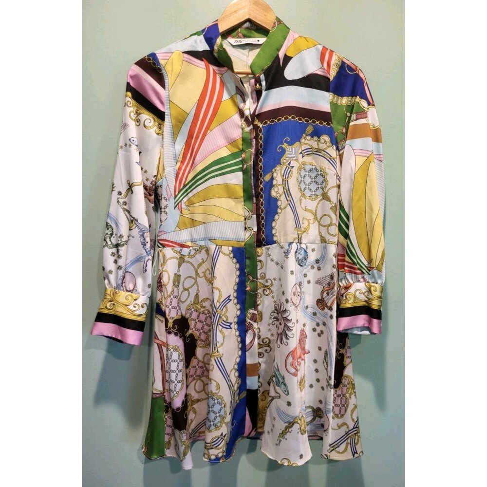 Zara Multicolor Multi Pattern Lightweight Button Up Dress Zodiac Sz S Read